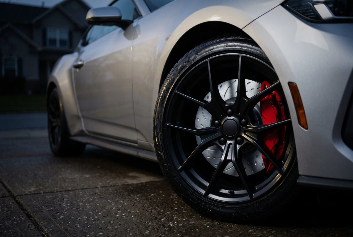 SP Performance diamond slotted and dimpled brake rotor in gray zinc with a red caliper, on a silver car in a damp driveway