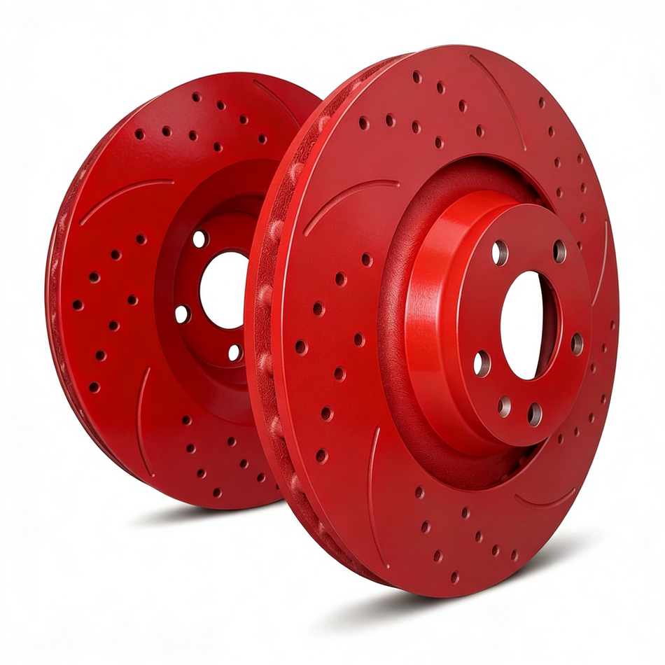 SP Performance Double Drilled & Slotted Brake Rotor Set, Red